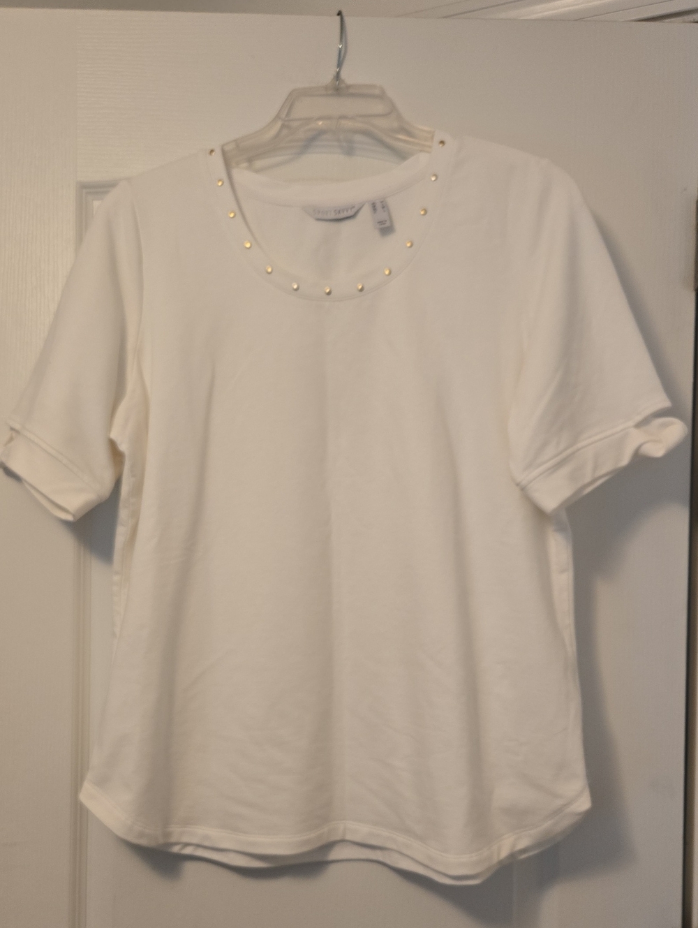2/$20 Elevated Studded Crewneck White Women's Top W/ Sleeve Detail, Medium